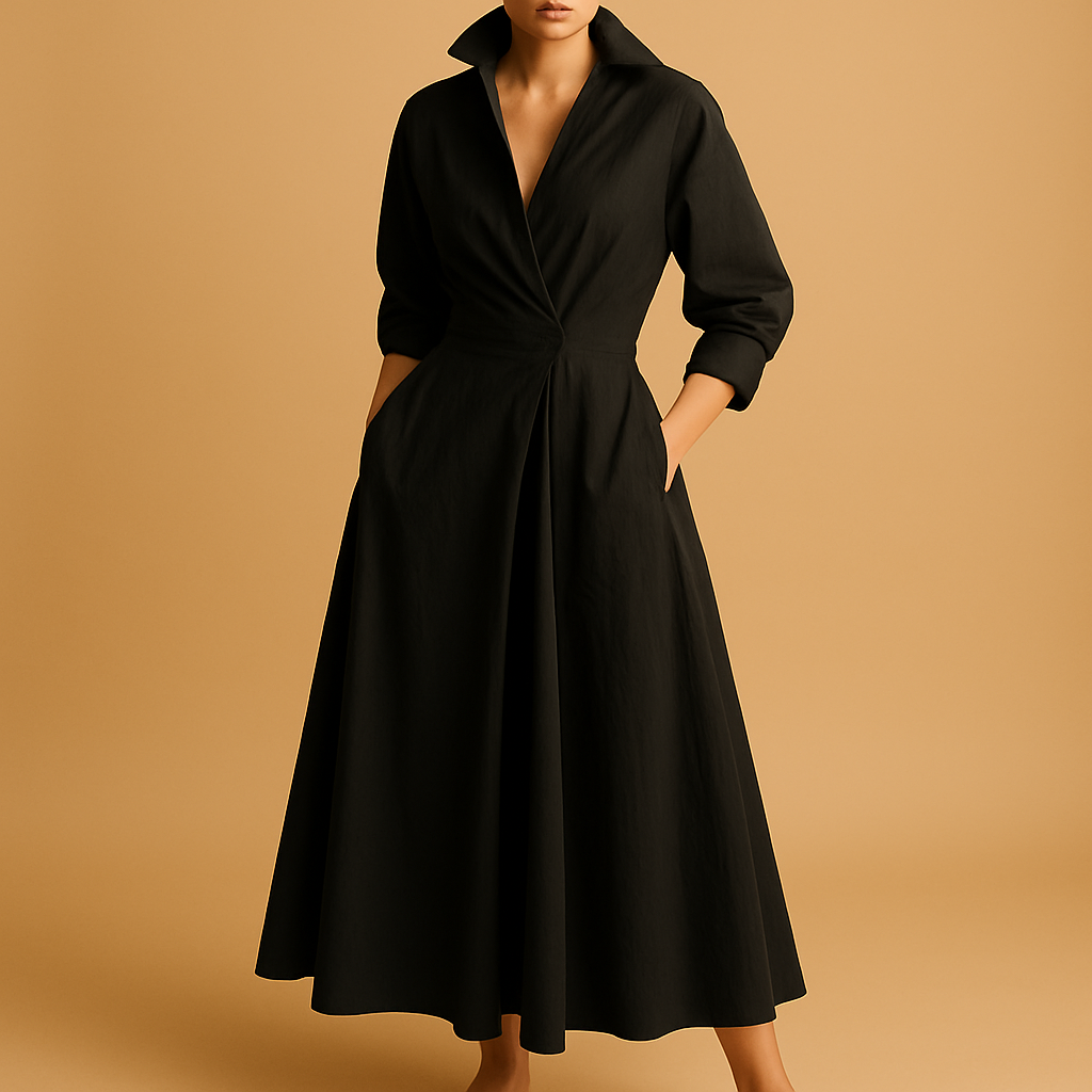 Elegante maxijurk voor dames met lange mouwen, V-halslijn en opvallende print, perfect voor seizoenswisselingen en formele gelegenheden.