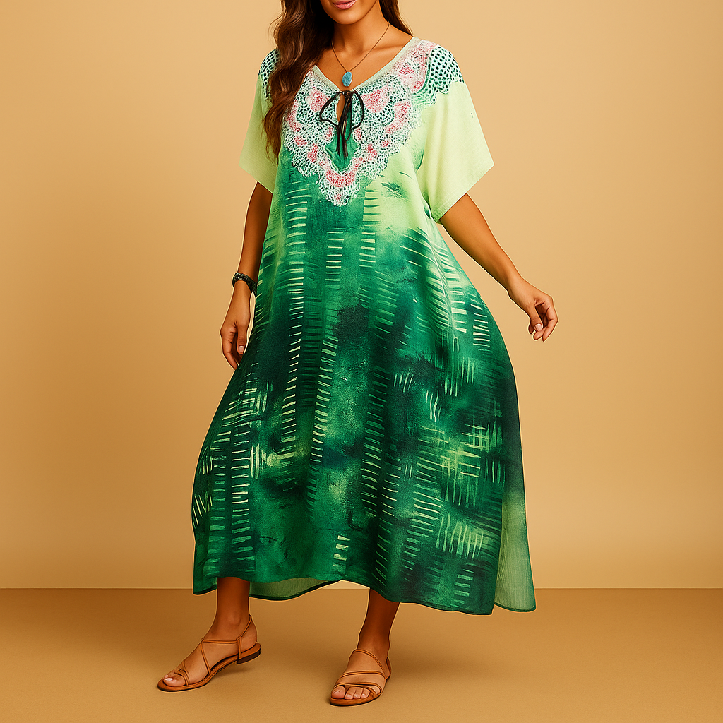 Comfortabele maxi-jurk voor dames in ademende stof met flatterende pasvorm, ideaal voor lente- en zomerdagen.
