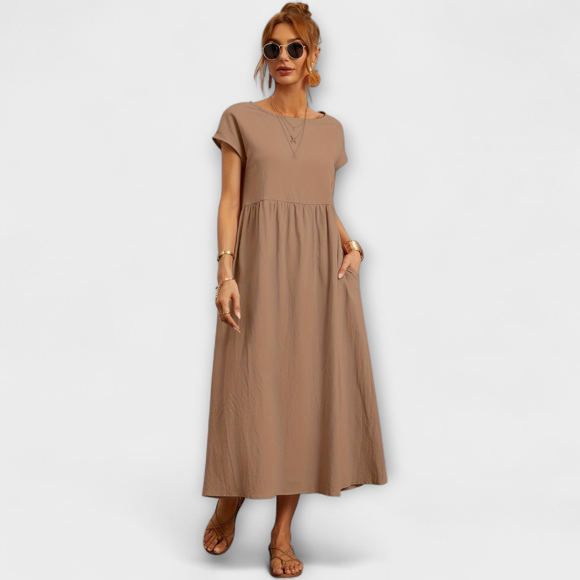 Midi Dress with Simple Line and Side Pockets