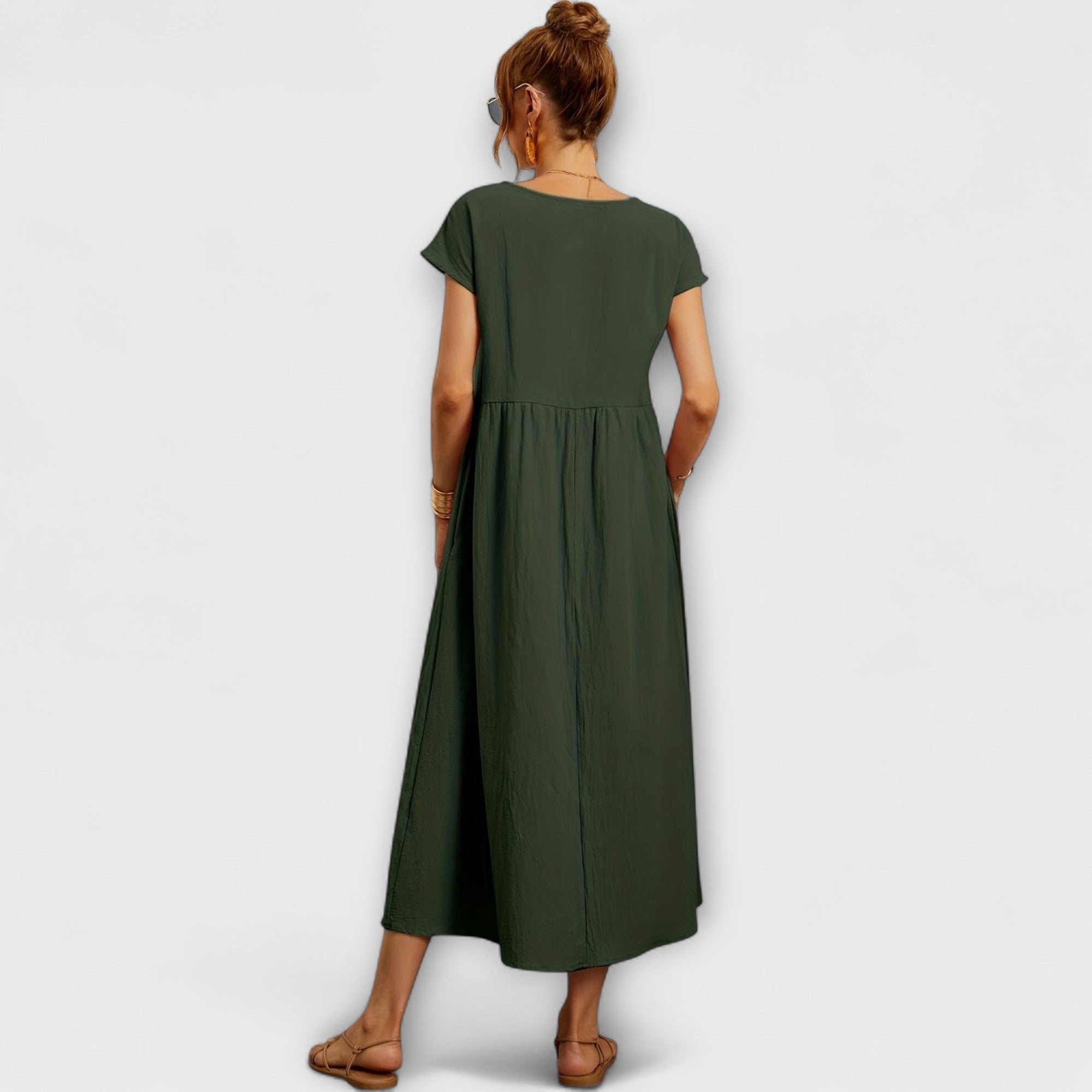 Midi Dress with Simple Line and Side Pockets