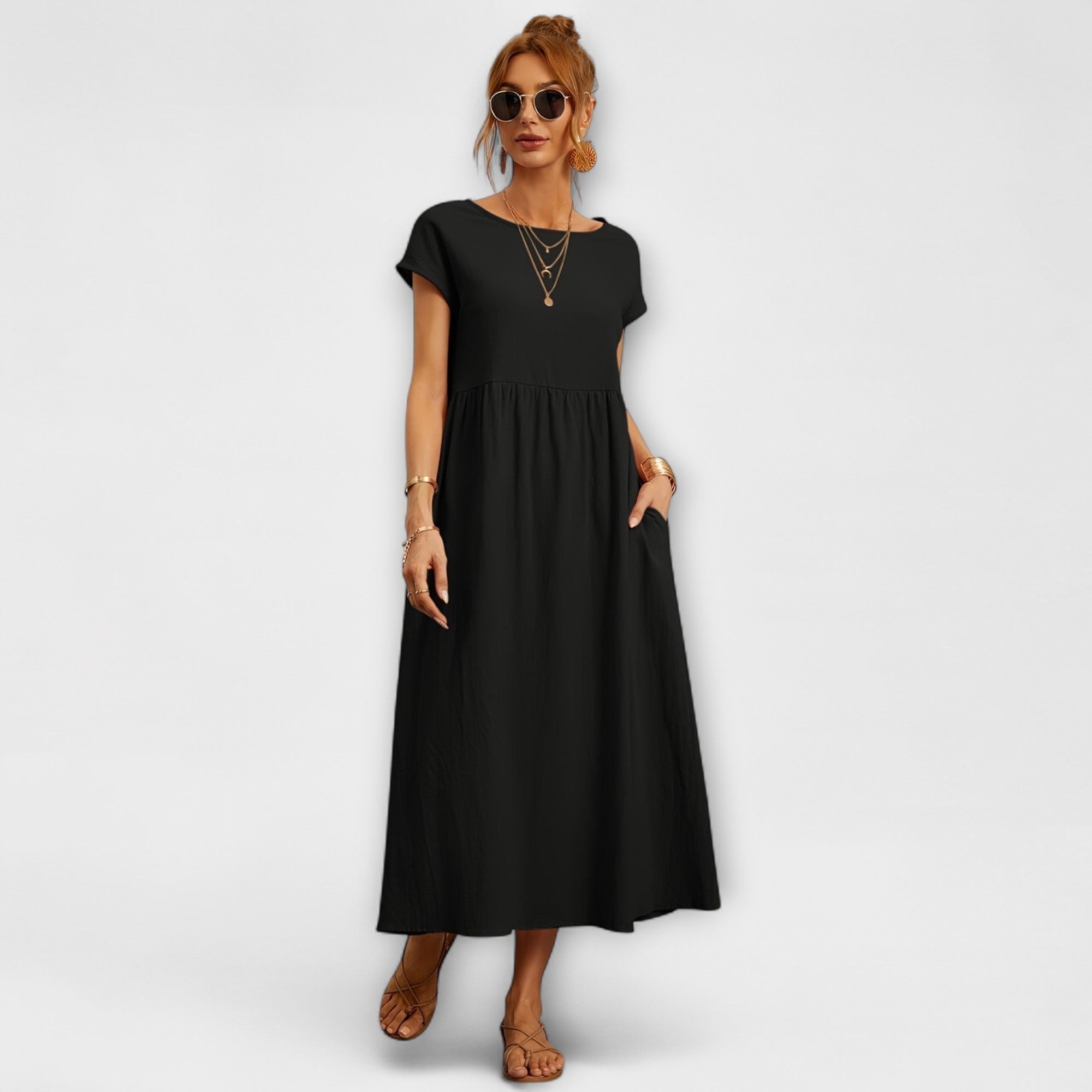 Midi Dress with Simple Line and Side Pockets