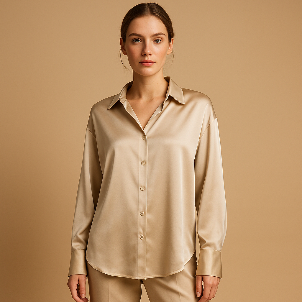 Elegante satijnen blouse voor dames met omgeslagen kraag en knoopsluiting, perfect voor formele en casual gelegenheden.