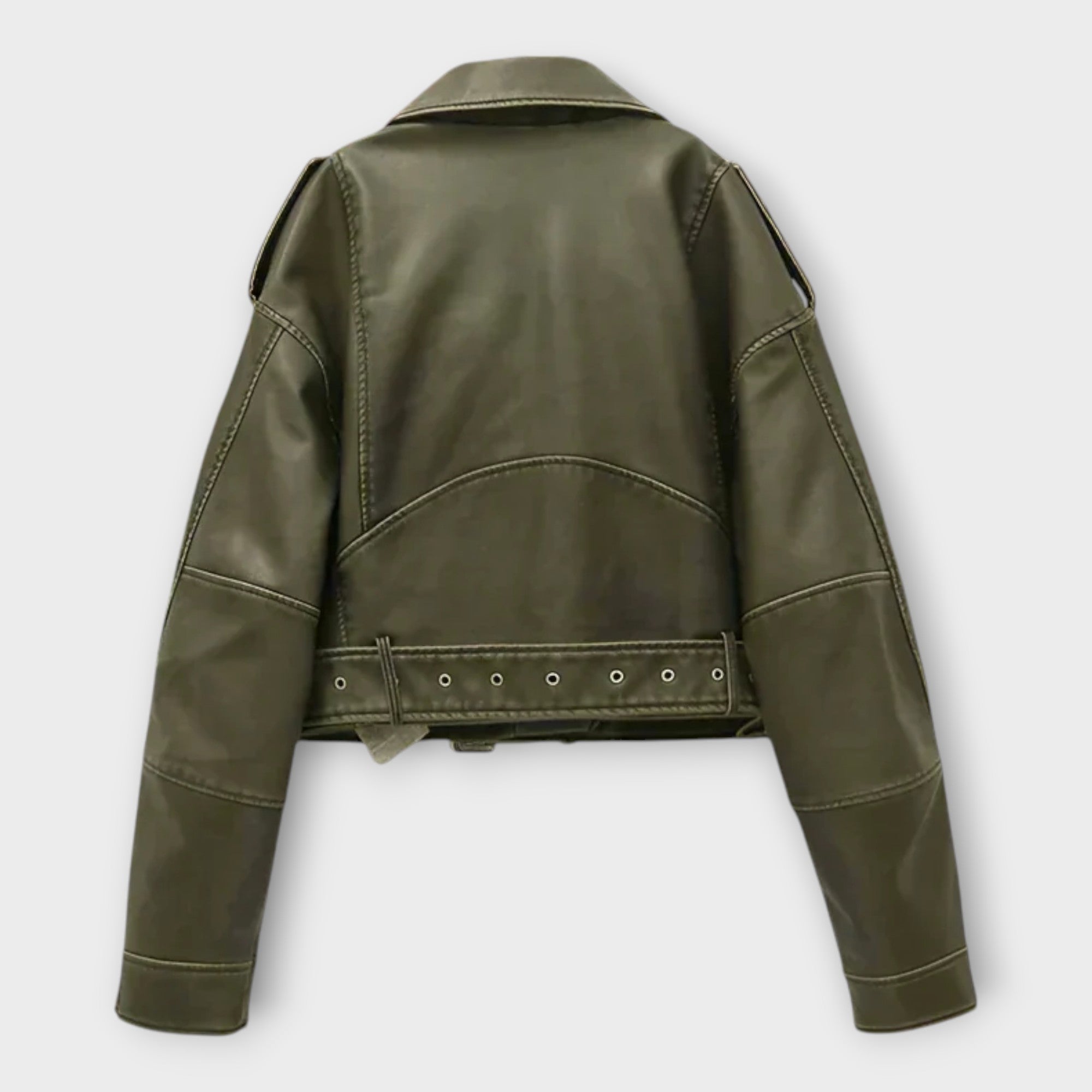 Moodne lühike nahktagi vööga ja elegantne välimus