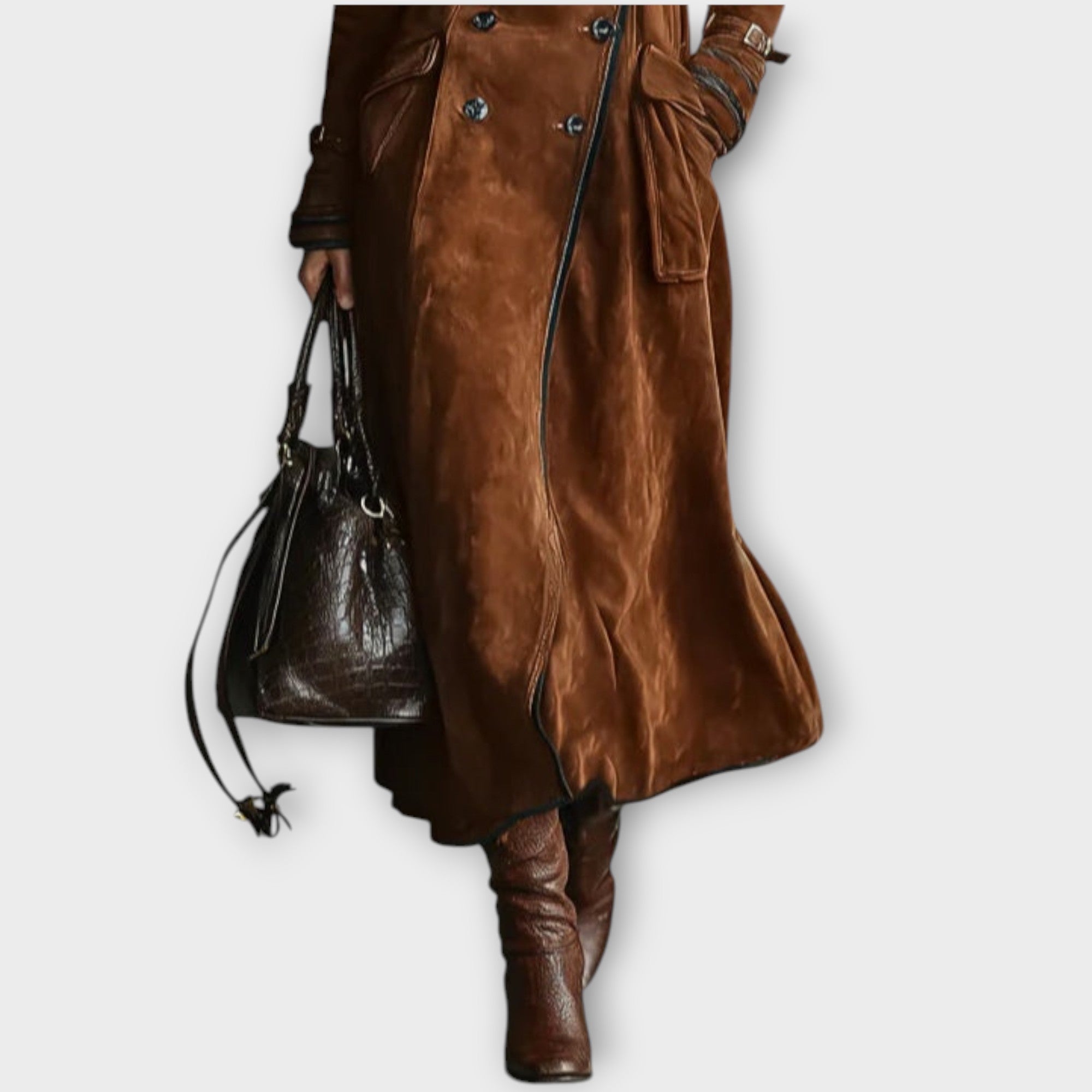 Vintage Suede Double-Breasted Long Coat