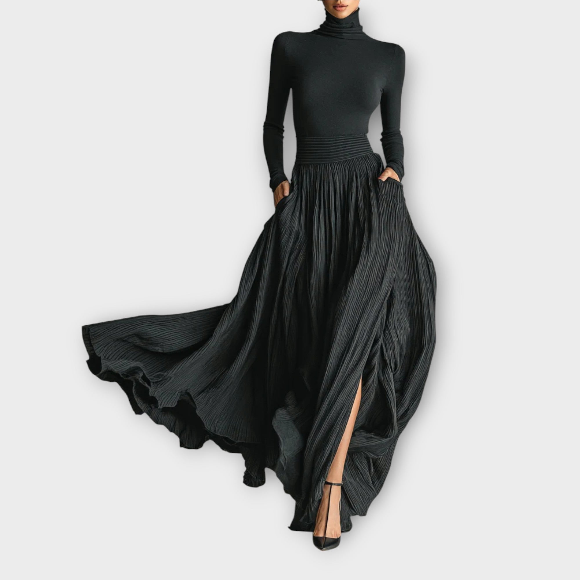 Elegant Black Maxi Skirt Turtleneck Top Set