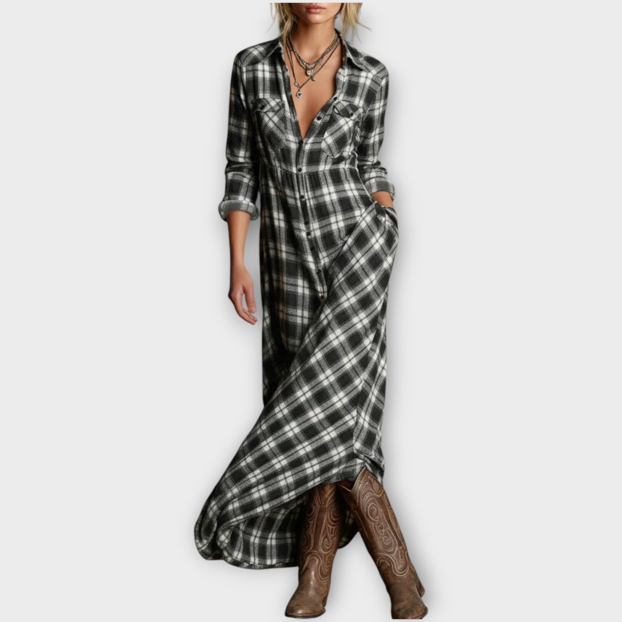 Plaid Button-Down Maxi Shirt Dress
