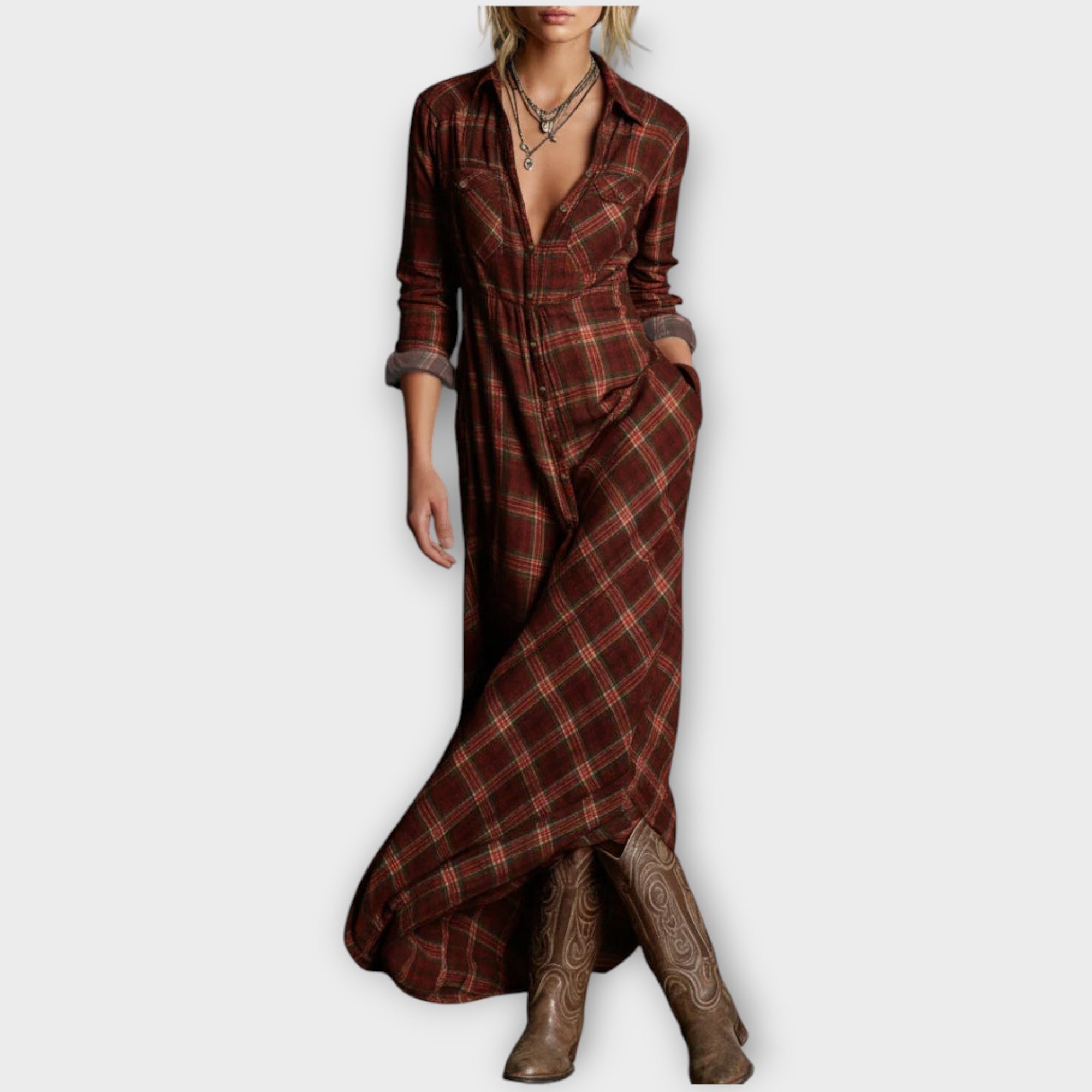 Plaid Button-Down Maxi Shirt Dress