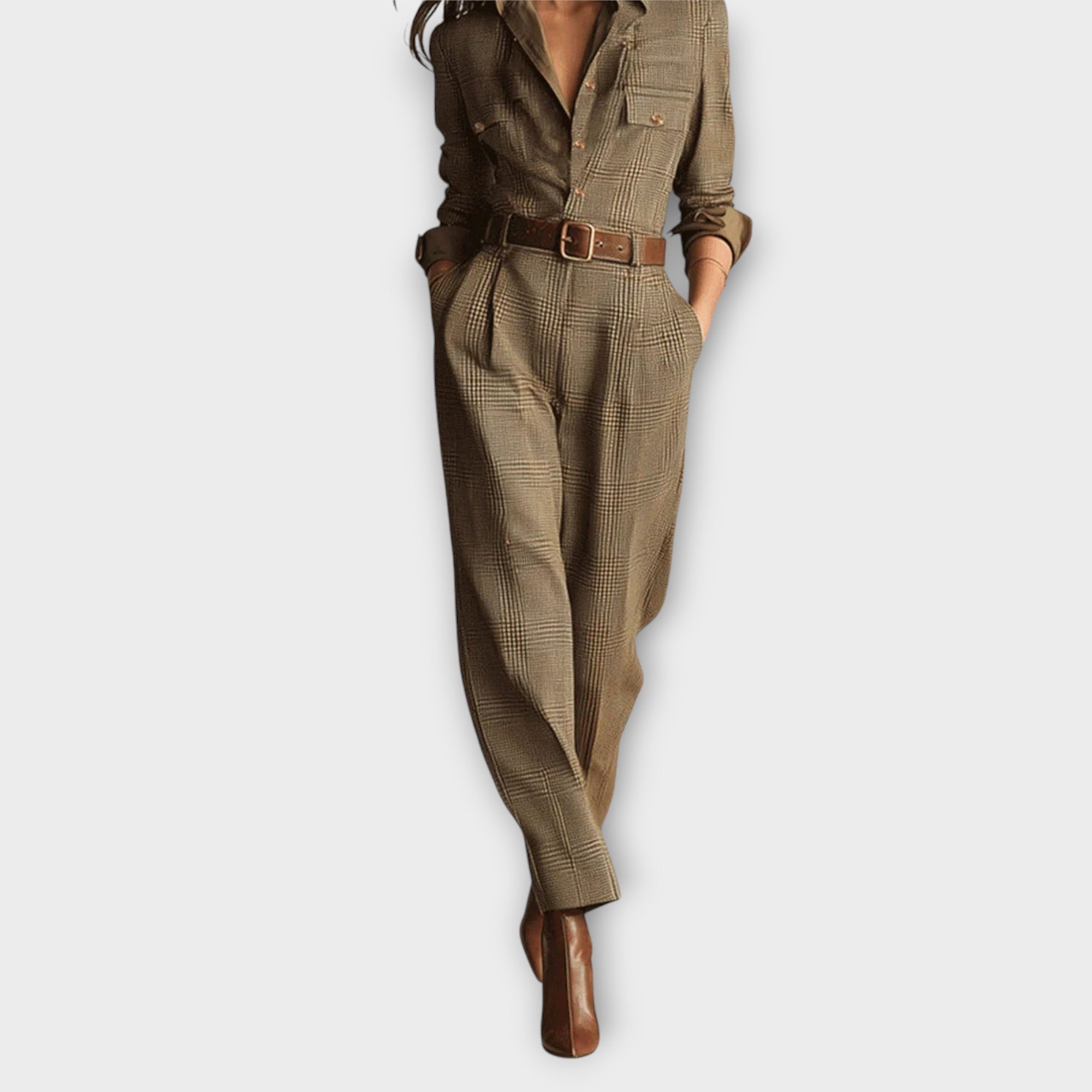 Tailored Plaid Belted Jumpsuit