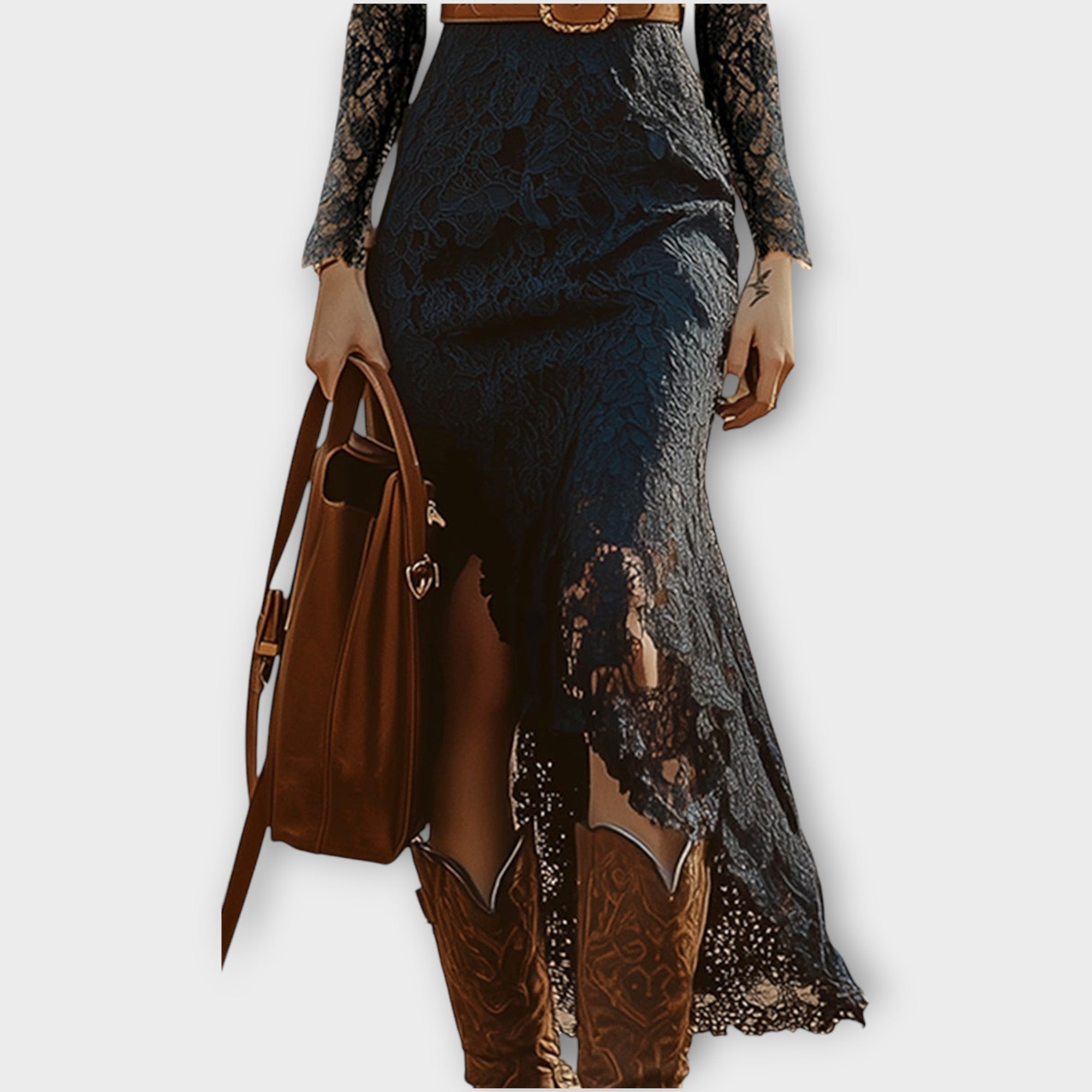 Vintage Bohemian Lace Long Sleeve Midi Dress