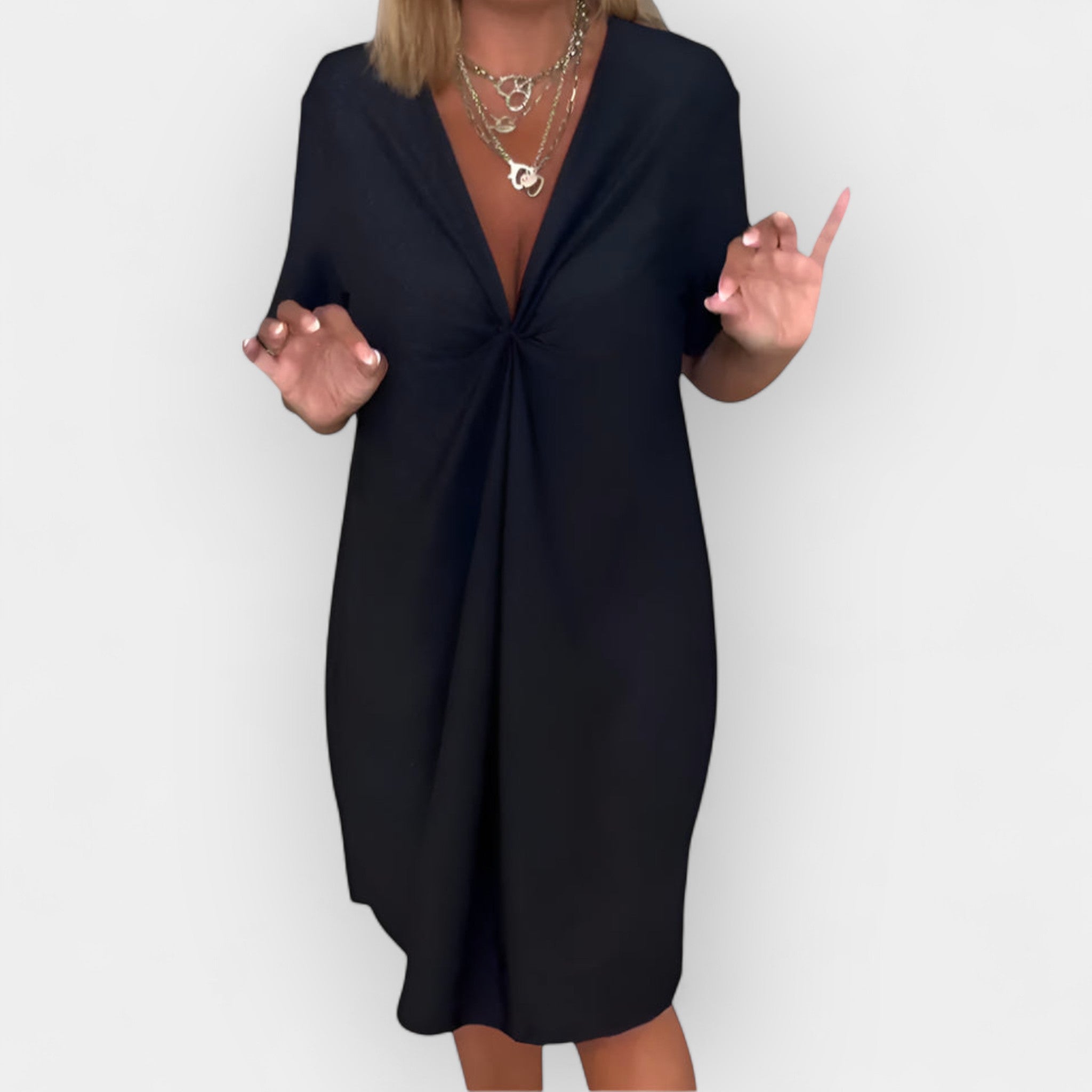 Elegant dress with V neckline and decorative hem