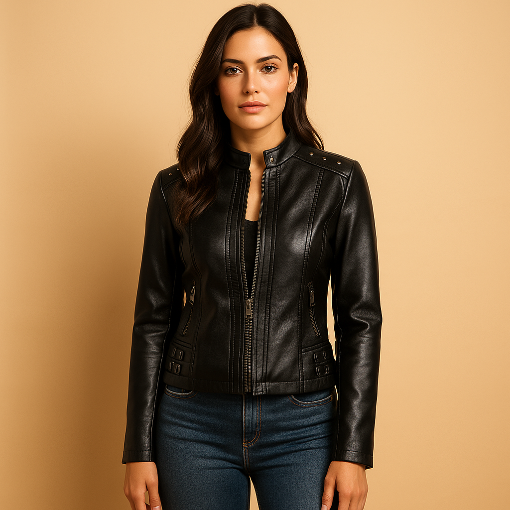 Stijlvol bikerjack voor dames met gestructureerd silhouet, metalen accenten en staande kraag. Perfect voor dagelijks gebruik, city looks en elegante layering.