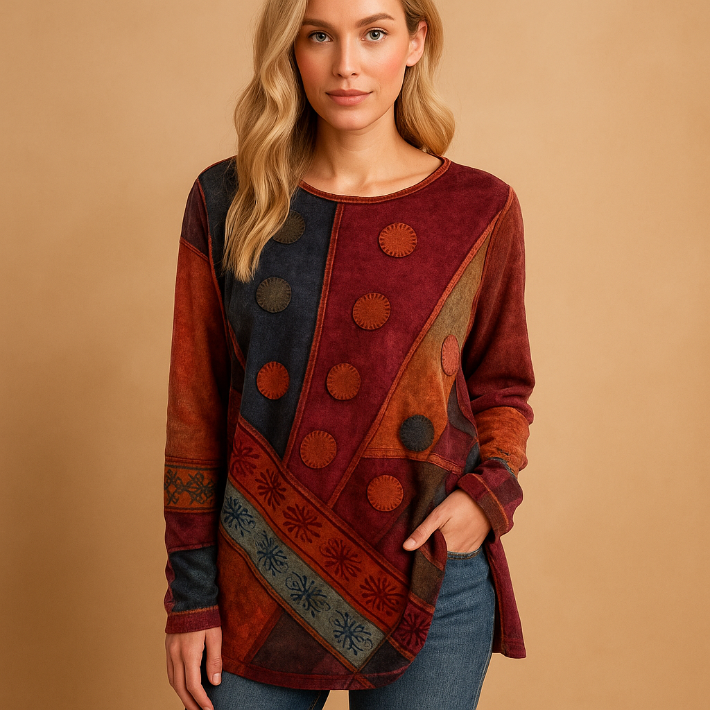 Boho off-shoulder dames top met etnische print en lange mouwen, ideaal voor zomerse festivals en casual outfits.