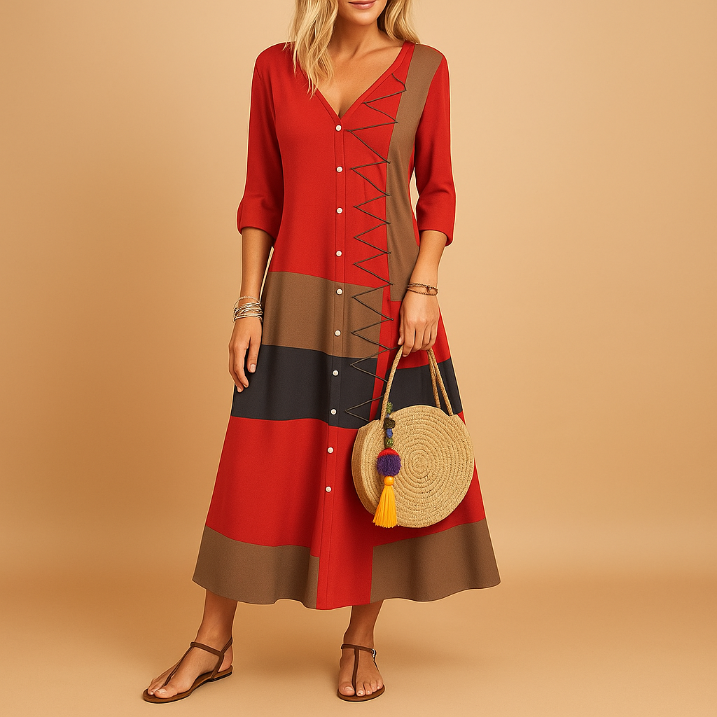 Casual midi jurk voor dames met zig-zag stiksels, middellange mouwen en knoopsluiting, ideaal voor een comfortabele dagelijkse look