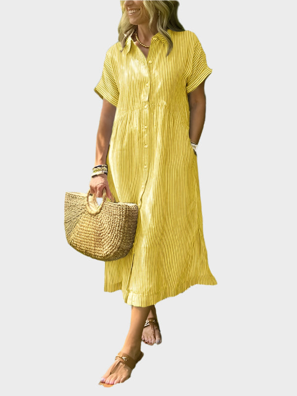 Striped Shirt Dress with Flaps, Buttons and Functional Pockets