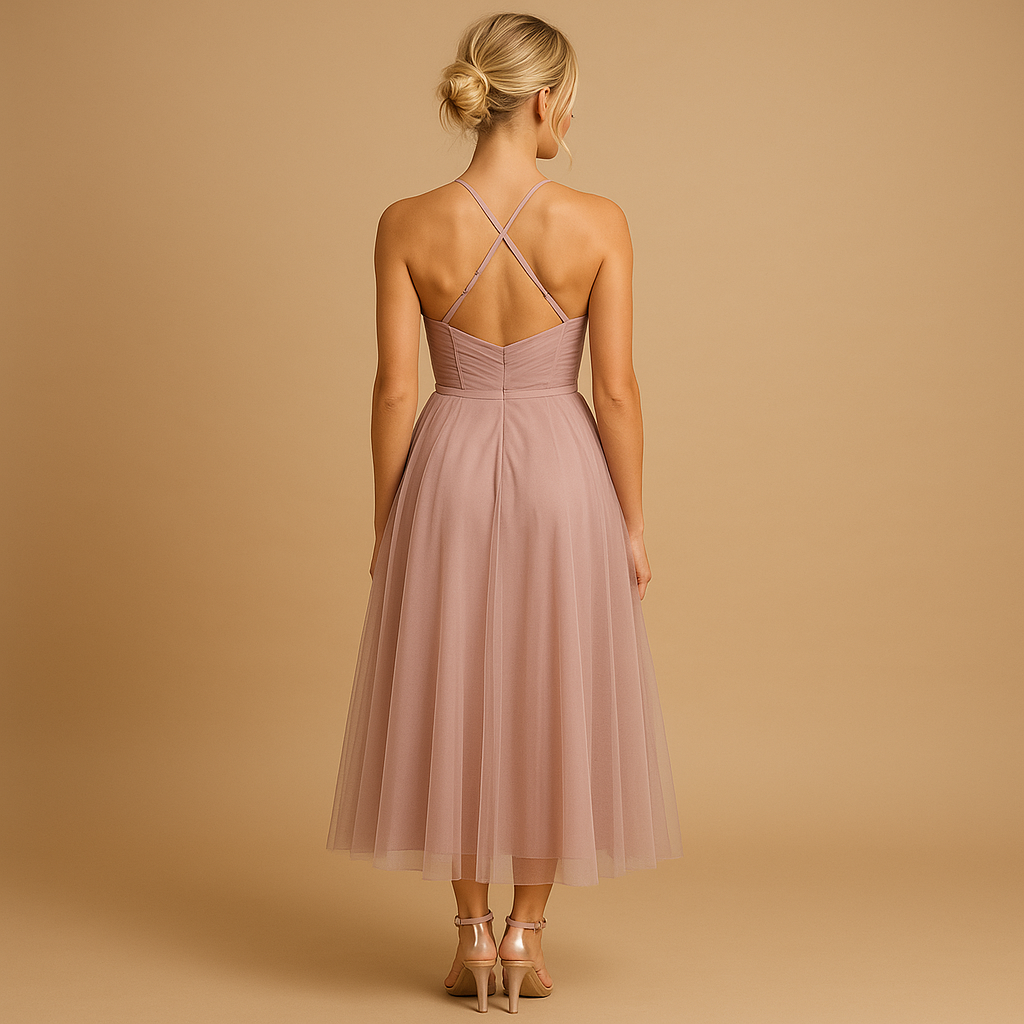 Chiffon maxi-jurk voor dames met tule-overlay, ronde hals en elegante uitstraling, perfect voor bruiloften en formele gelegenheden.