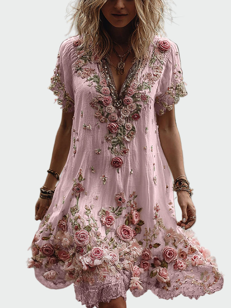 Vintage Style Dress with Short Sleeves and Elegant Floral Embroidery