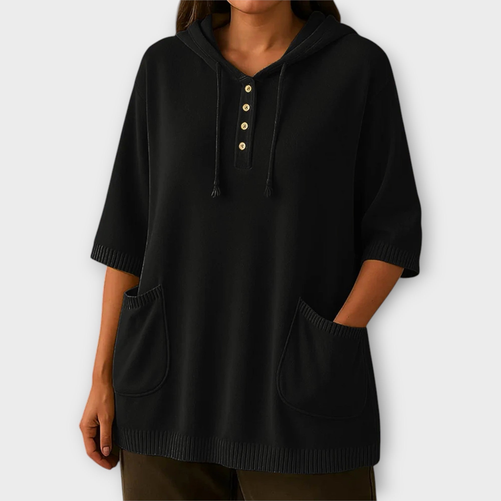 Button-Front Hoodie Top with Pockets