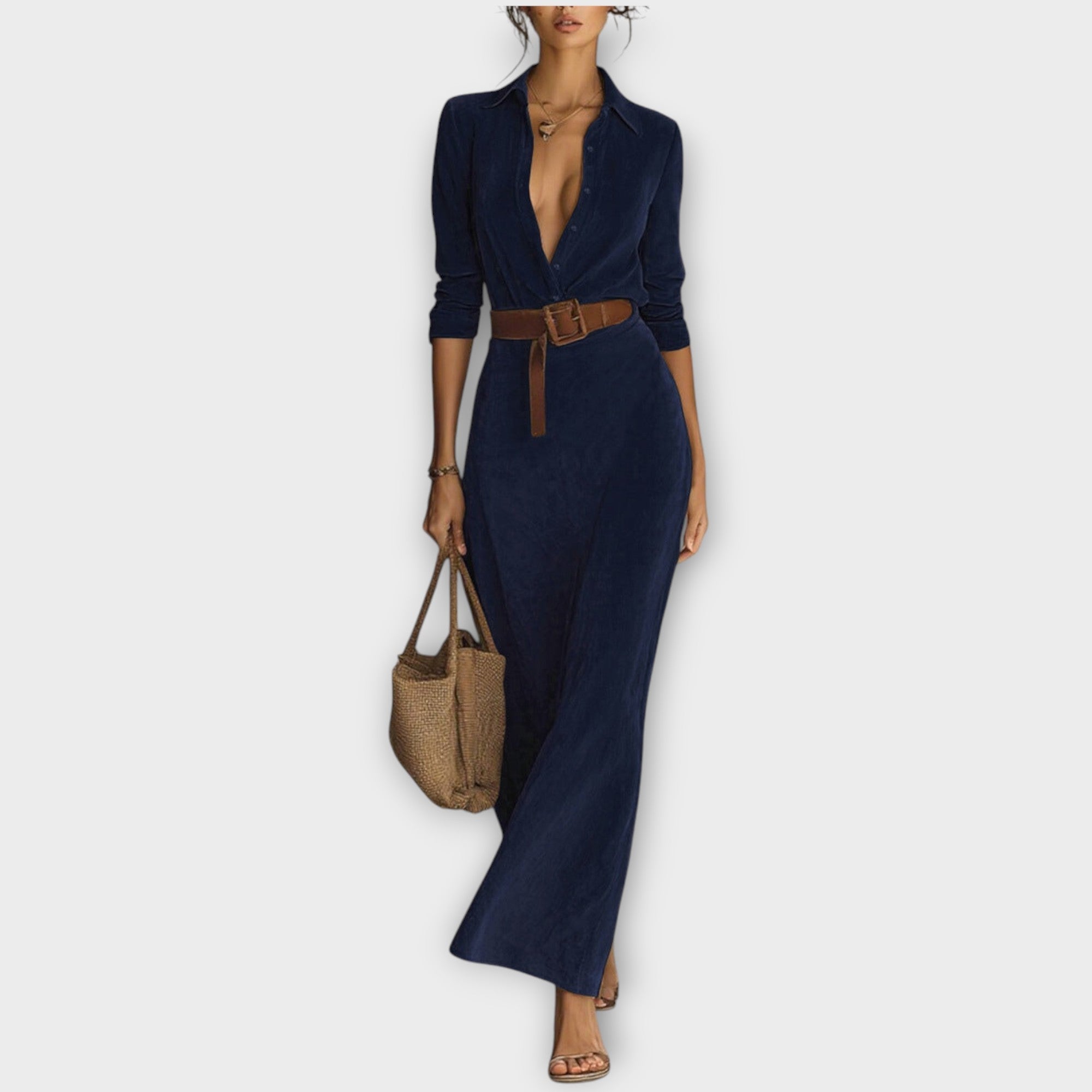Elegant Belted Suede Maxi Dress