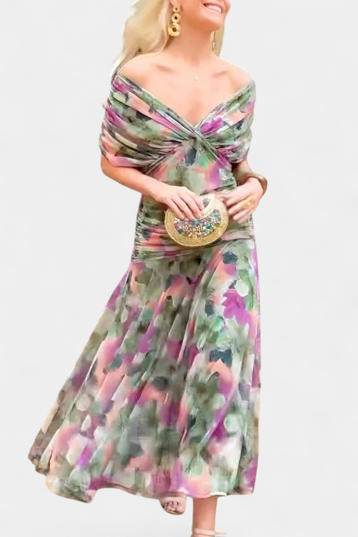 Long Floral Dress with V-Neckline and Romantic Elegance