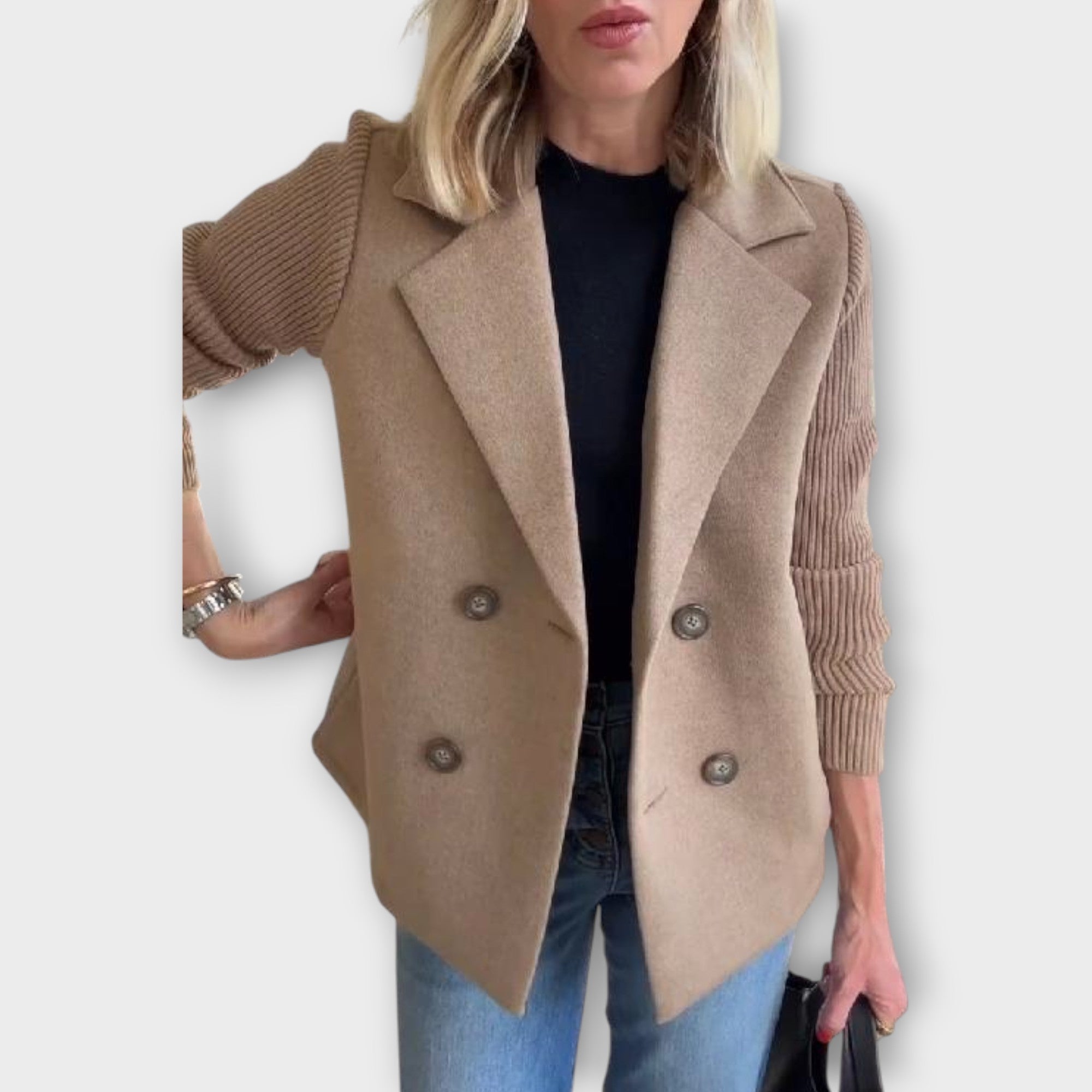 Double-Breasted Knit-Sleeve Blazer