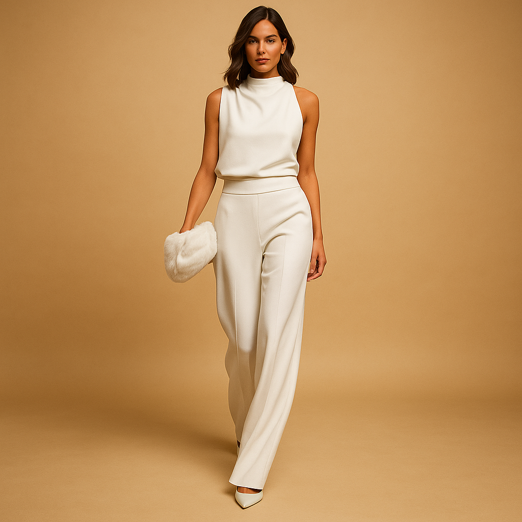 Stijlvolle dames jumpsuit met hoge taille, halterhals en wijde pijpen – ideaal voor feestelijke gelegenheden en avondjes uit.