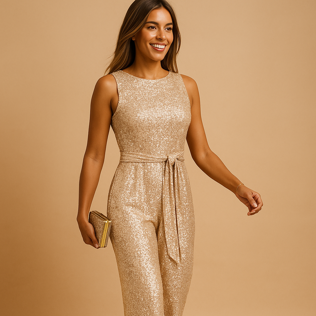 Glamoureuze mouwloze dames jumpsuit met pailletten in meerdere kleuren, perfect voor feesten, gala’s en speciale gelegenheden.