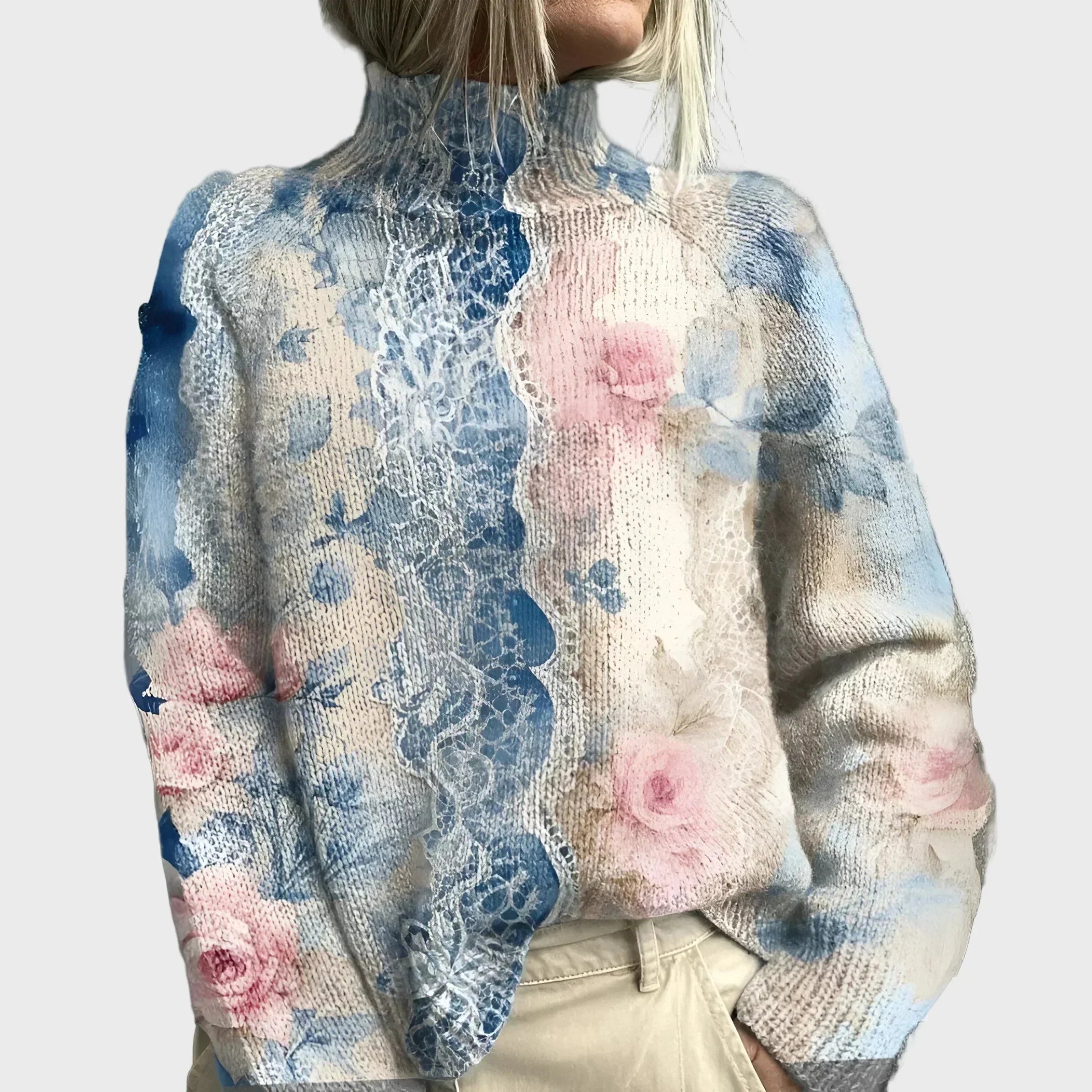 Knitted Turtleneck with Elegant Floral Design