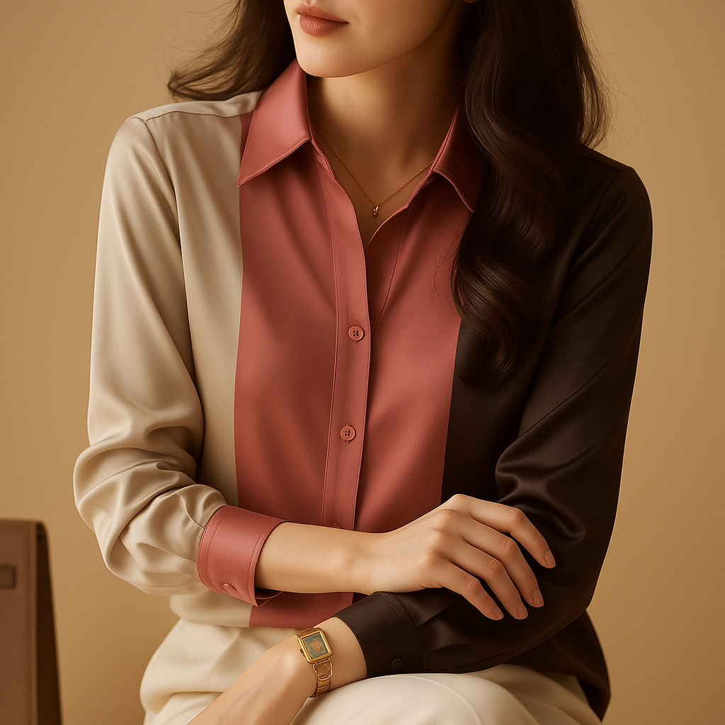 Satijnen damesblouse met patchwork strepen, losvallende pasvorm en klassieke kraag – ideaal voor chique herfstoutfits en werkgelegenheden