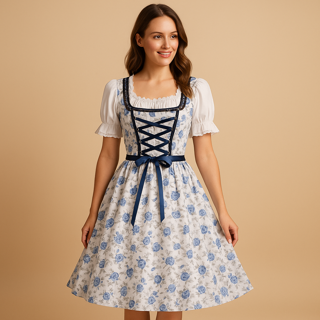 Oktoberfest-jurk voor dames in blauw met kanten details en klassiek schort, perfect voor traditionele feestgelegenheden.