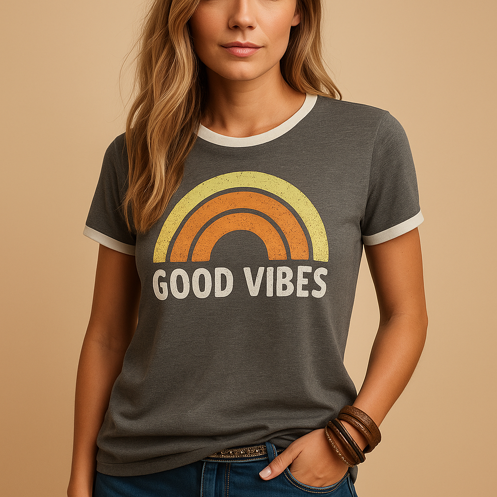 Zomers dames T-shirt met kleurrijke ‘Good Vibes’ print in losse pasvorm, ideaal voor casual dagen of een relaxte strandoutfit.