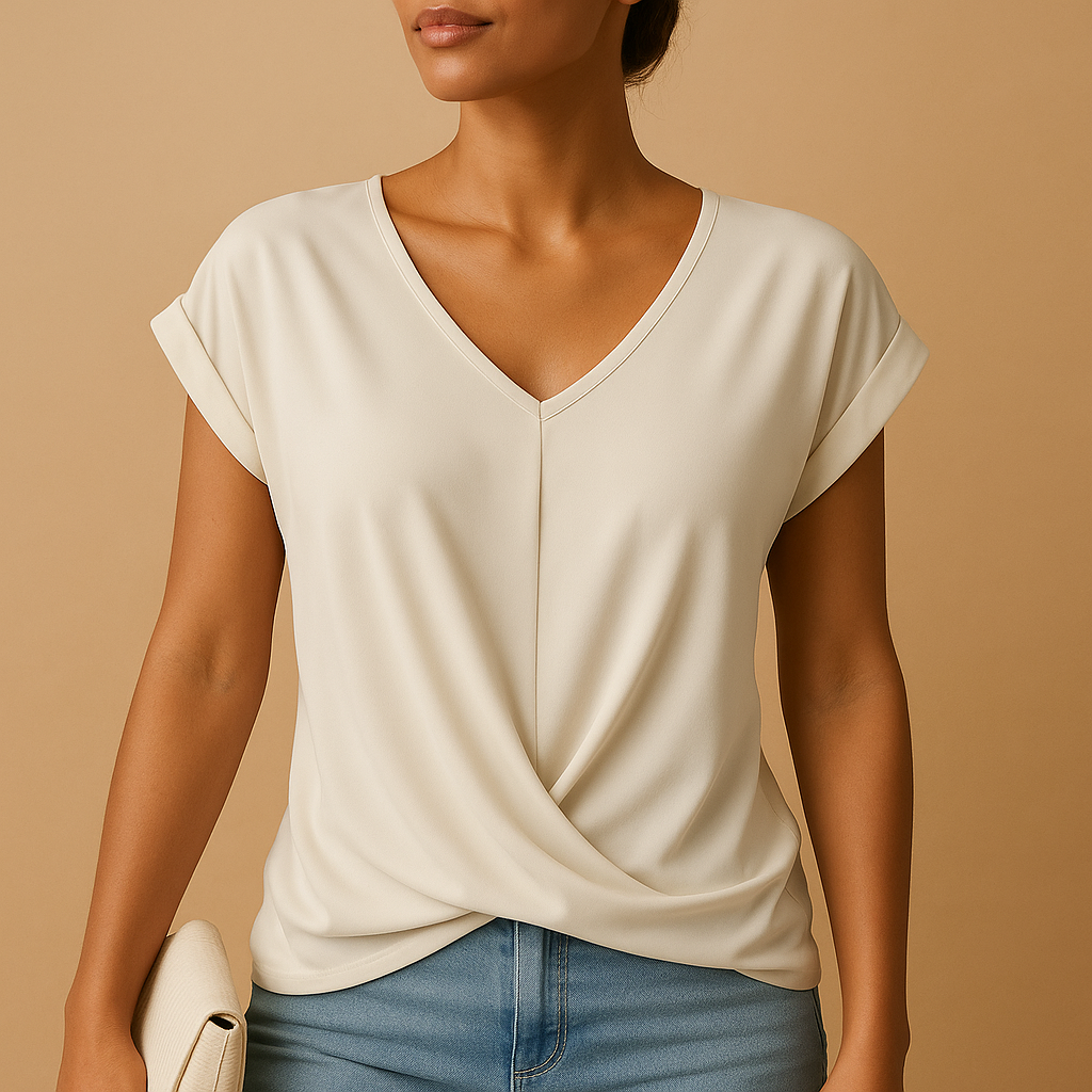 Dames blouse met V-hals en flatterende pasvorm, geschikt voor zowel werk als casual outfits. Tijdloos, veelzijdig en comfortabel.