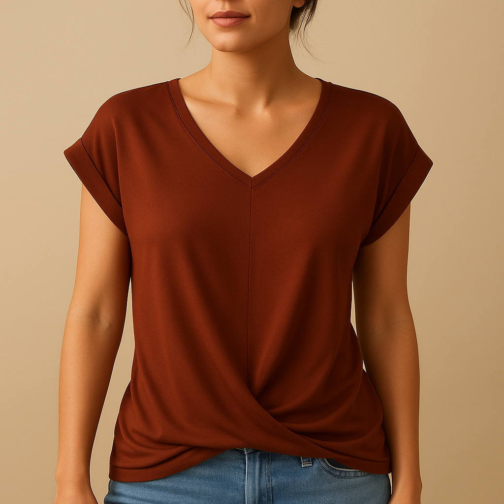 Dames blouse met V-hals en flatterende pasvorm, geschikt voor zowel werk als casual outfits. Tijdloos, veelzijdig en comfortabel.