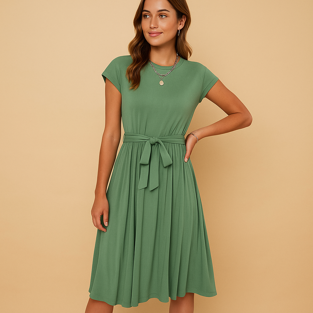 Luchtige dames zomerjurk met elegante snit en getailleerde pasvorm, geschikt voor zomerse dagen, feestjes en vakanties.